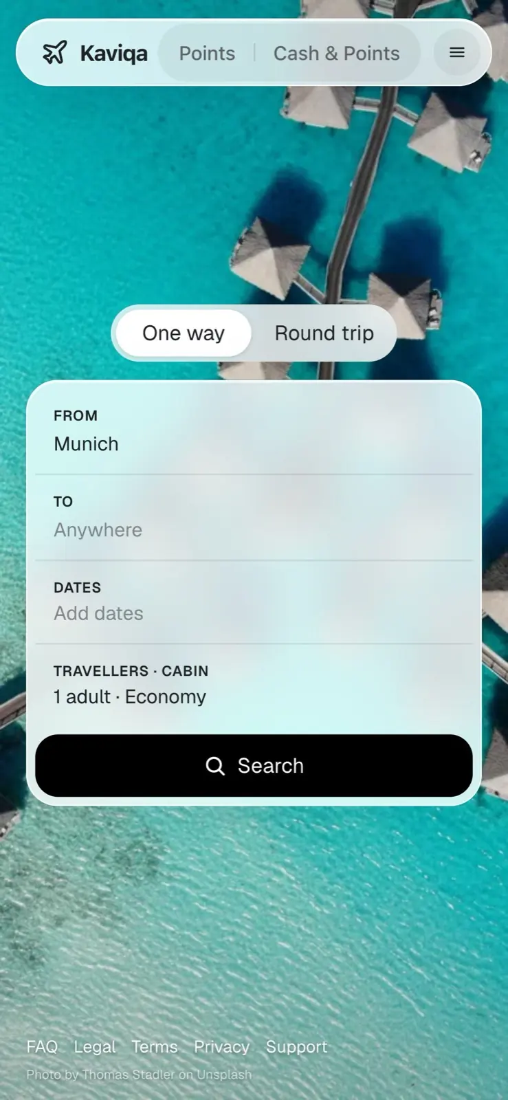 Kaviqa on a phone: the same search, departing from Munich, stacked into a single card.